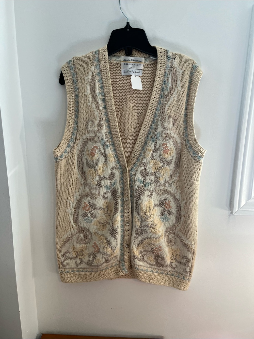 Vintage Beige Ramie Wool and Cotton Floral Knit Button-Front Vest - Medium